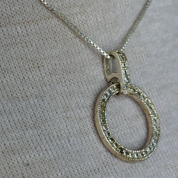 Sterling Silver Circle Pendant Necklace CW 925 Diamond Chip 16.5" - Picture 3 of 6